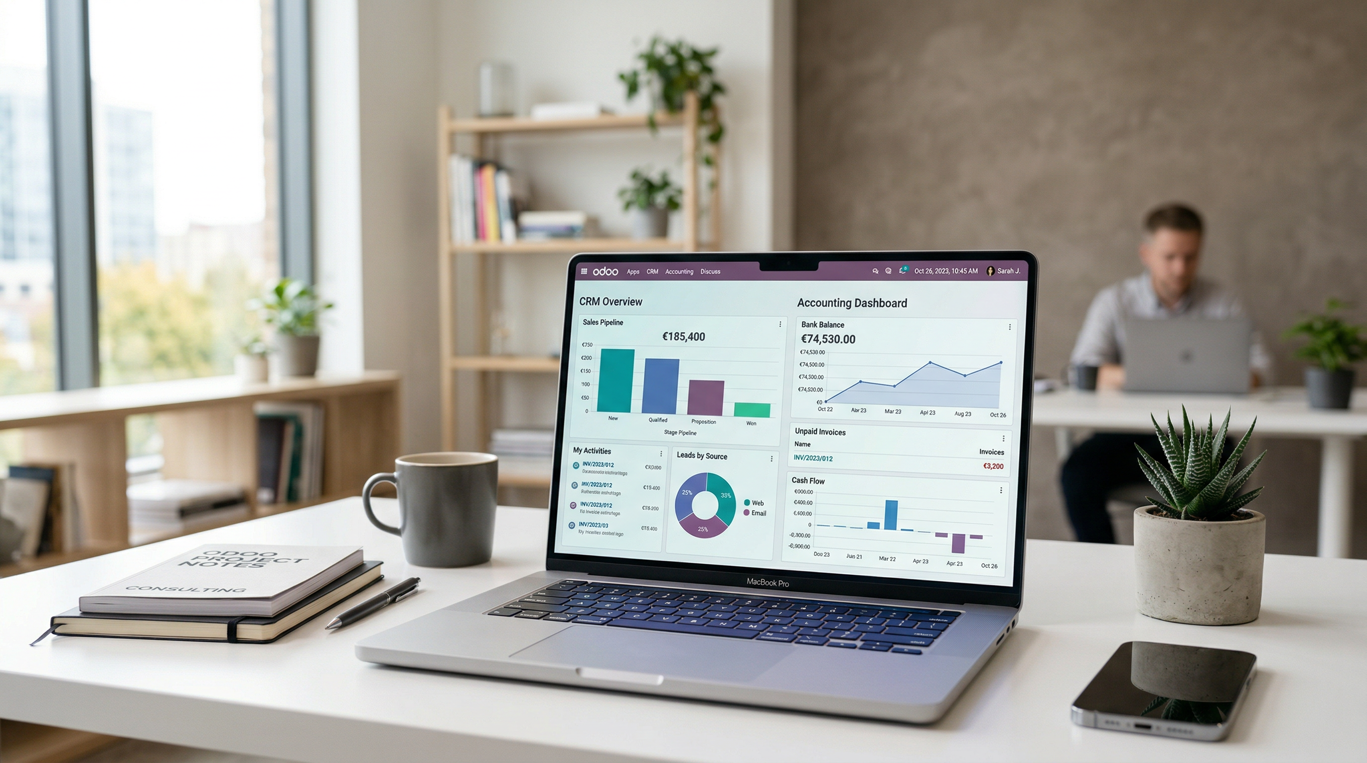 Odoo ERP dashboard on laptop